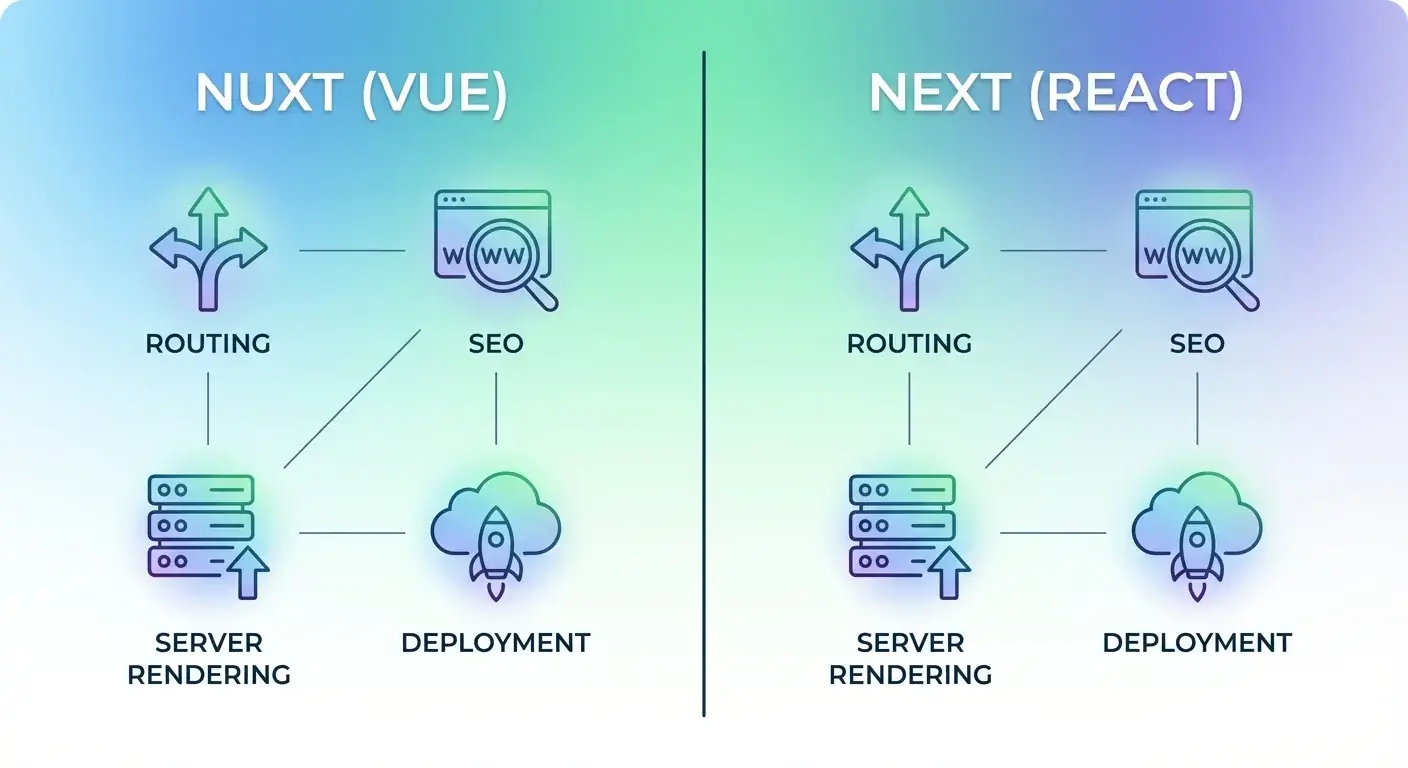 Nuxt vs Next：为Web 应用选择合适的框架| Koder.ai