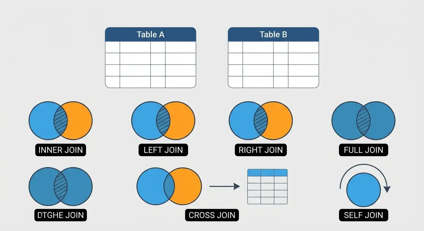 6 أنواع JOIN في SQL يجب أن تعرفها (مع أمثلة بسيطة وواضحة)